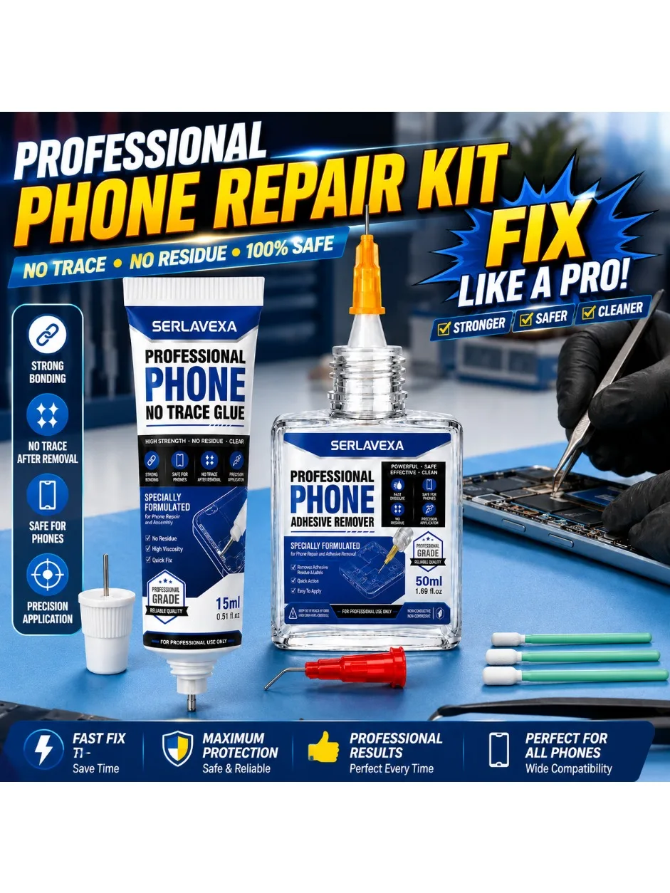 Handy-Reparatur-Klebeset mit Kleberentferner, Feinnadel-Applikatoren und Reinigungstupfer zum Fixieren von Bildschirmrahmen und Rückabdeckungen