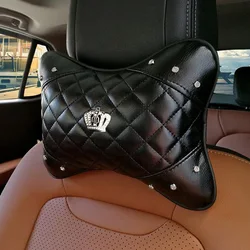 Fashion Crystal Crown Leather Car Neck Pillow Auto Bone-Shaped Headrest Seat Support Waist Pillows Car Interior Accessories