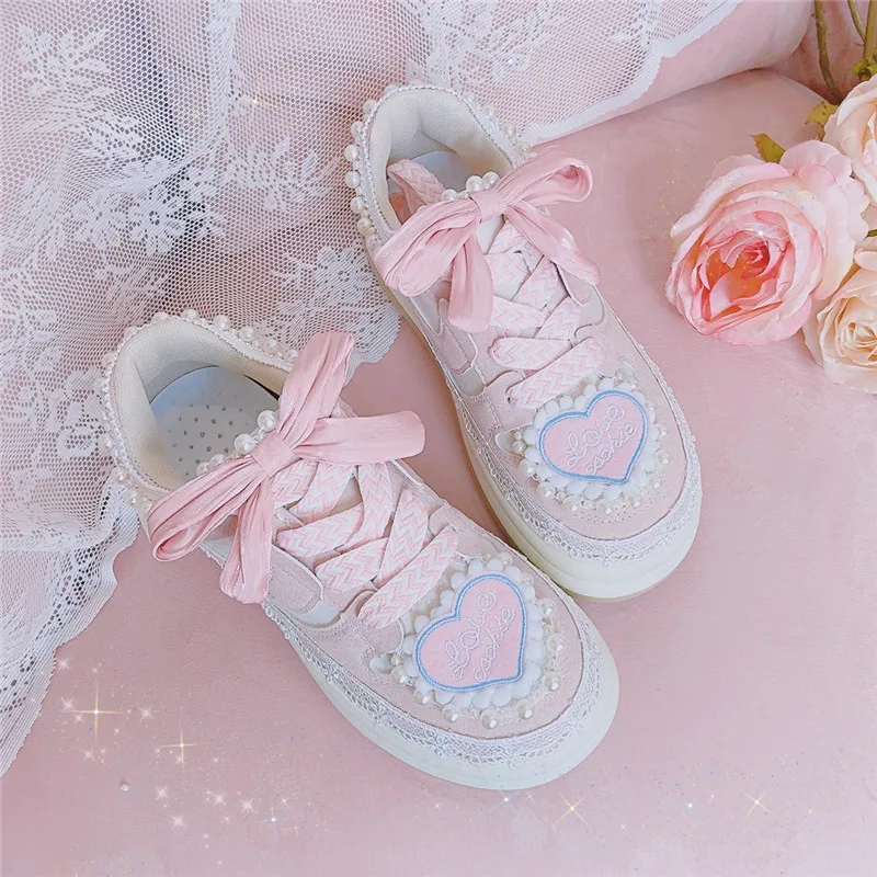 Heart Pearls Platform Sneakers Women Cute Thick Soled Casual Shoes Ladies Chunky Trainers Sweet Bow Lolita Sport Vulcanize Shoes