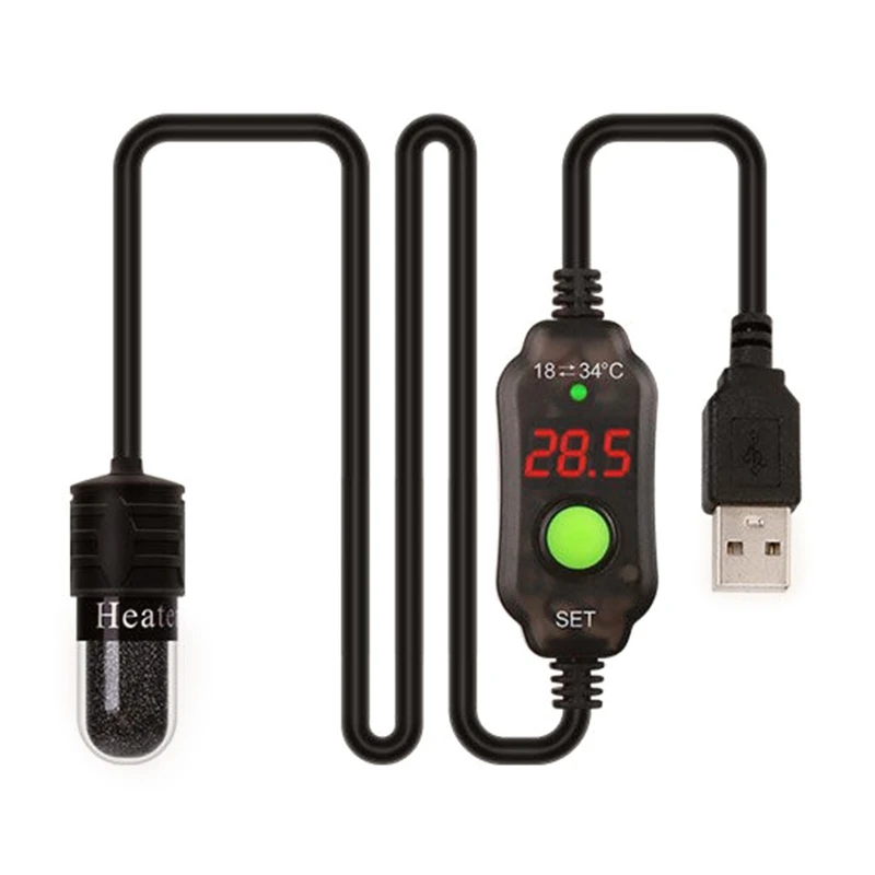 Calentador sumergible para acuario, carga USB para calentador de tanque, ajuste de temperatura 18-34 ℃ para agua dulce salada marina