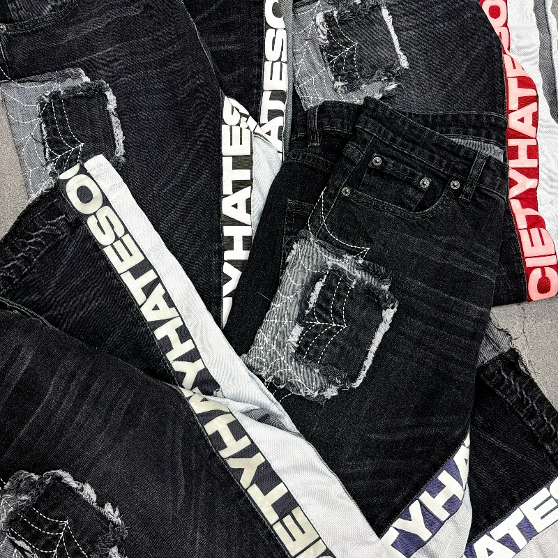 Y2k Hate Society Flared Jeans Men Retro Spider Web Embroidery Washed Jeans American Hip Hop Streetwear Unisex Bootcut Jeans