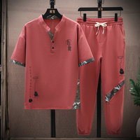 Summer 2Pcs/set Men's Cotton Linen Blend Sets Short Sleeve V-neck T Shirts Pants Set Casual Men Beach Clothes Set