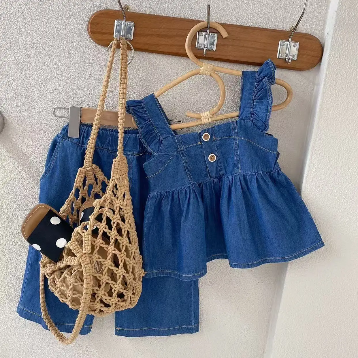 

Children's Summer Set Girls' Cowboy Black Fungal Edge Top Baby Girls' Seven Point Jeans Two Piece Set Kids Outfits
