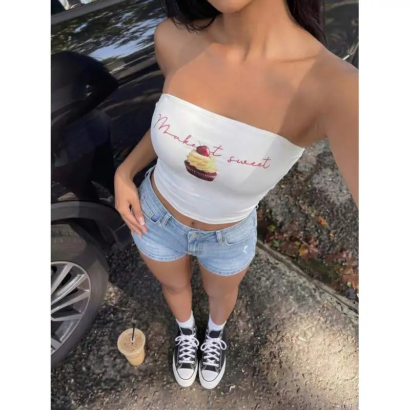Unity Women's Y2K Cute Cupcake Print Cropped Camisole Top Summer Night Out White