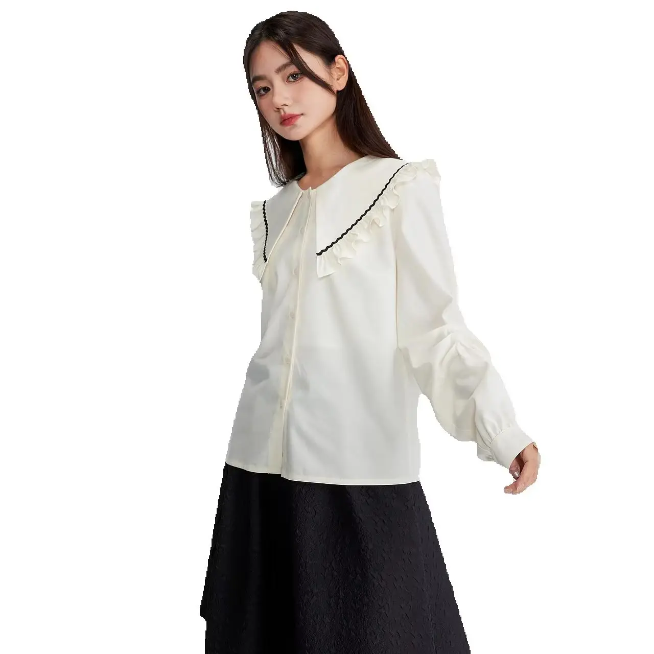 Metersbonwe-Women's Sweet Ruffled Large Lapel Long Sleeve Shirt Comfortable Version Sleeve Fold Design Tops Commute Spring