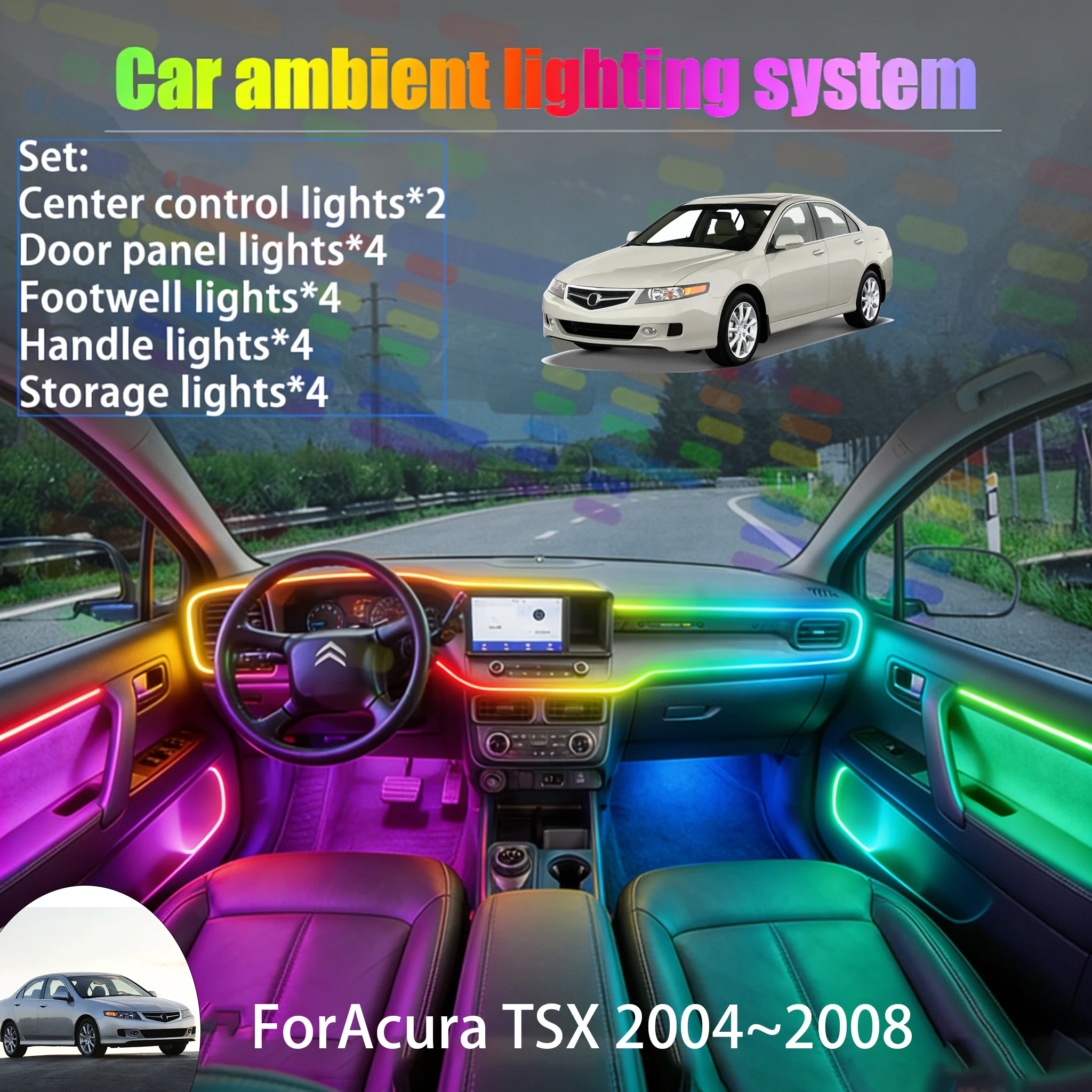 

Для Acura TSX 2004~2008, Honda Accord CL9: Комплект светодиодной подсветки салона и багажника 2/18 в 1, USB RGB, с эффектом бегущих огней