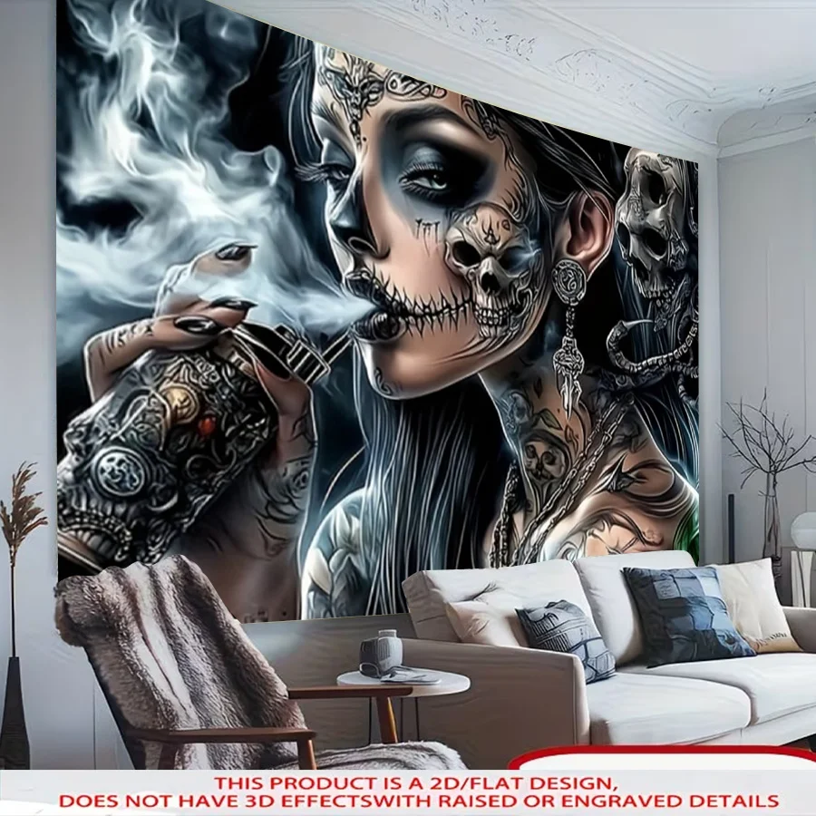 Sugar Skull Girl Smoking Tattoo Art Tapestry 2D Flat Gothic Skull Wall Hanging for Bedroom Man Cave Edgy Decor Fabric Poster