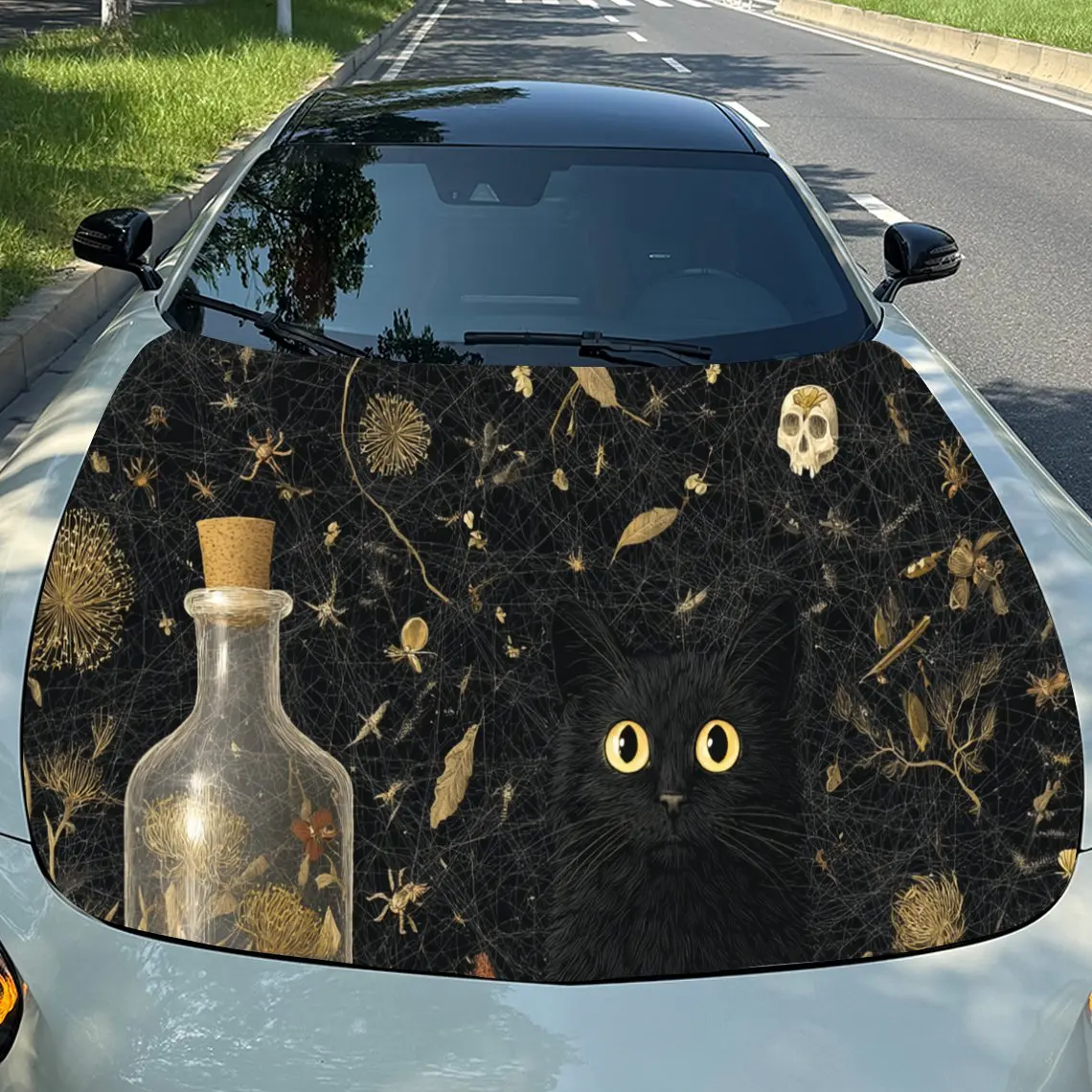 

Elegant Black - Themed Bottle & Cat Car Hood Stickers - Self-Adhesive, Waterproof and Durable Vinyl Wrap, Decorate And Protect Y