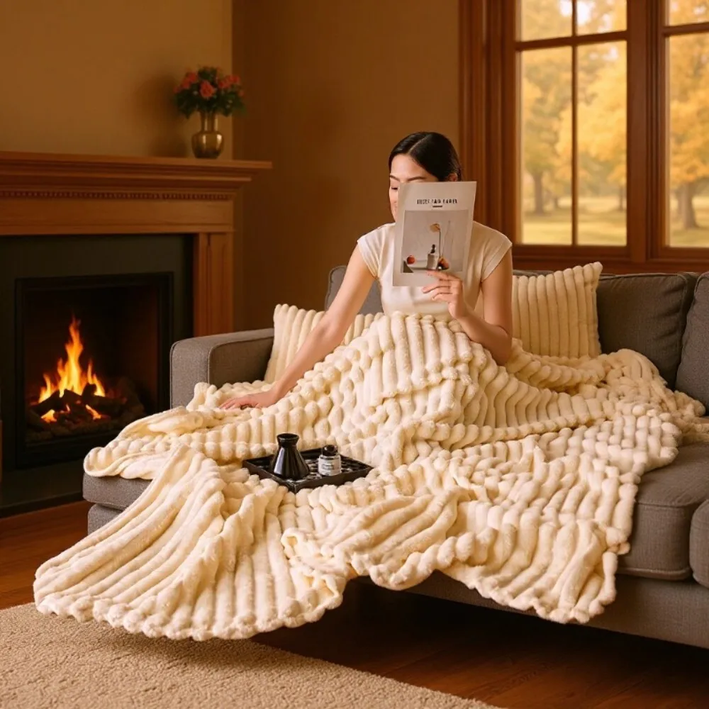 أرنب الفراء أفخم سميكة الحليب المخملية مخطط الفانيلا تكييف الهواء قيلولة بطانية للاستخدام لينة الدافئة المريحة السرير الأريكة في الهواء الطلق