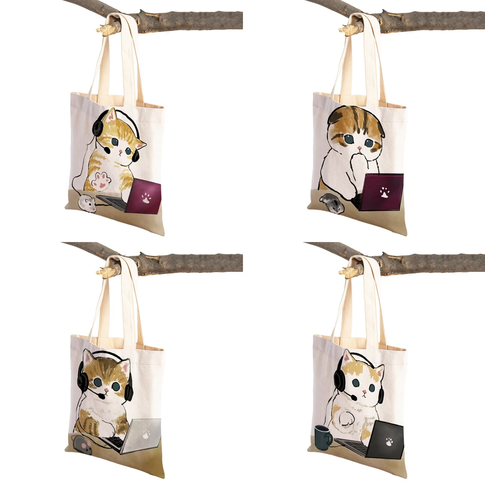 Fashion Kawaii Funny Cat Hamster Women Tote Handbag Animal Print Canvas Foldable Reusable Cloth Lady Shopping Shoulder Bag