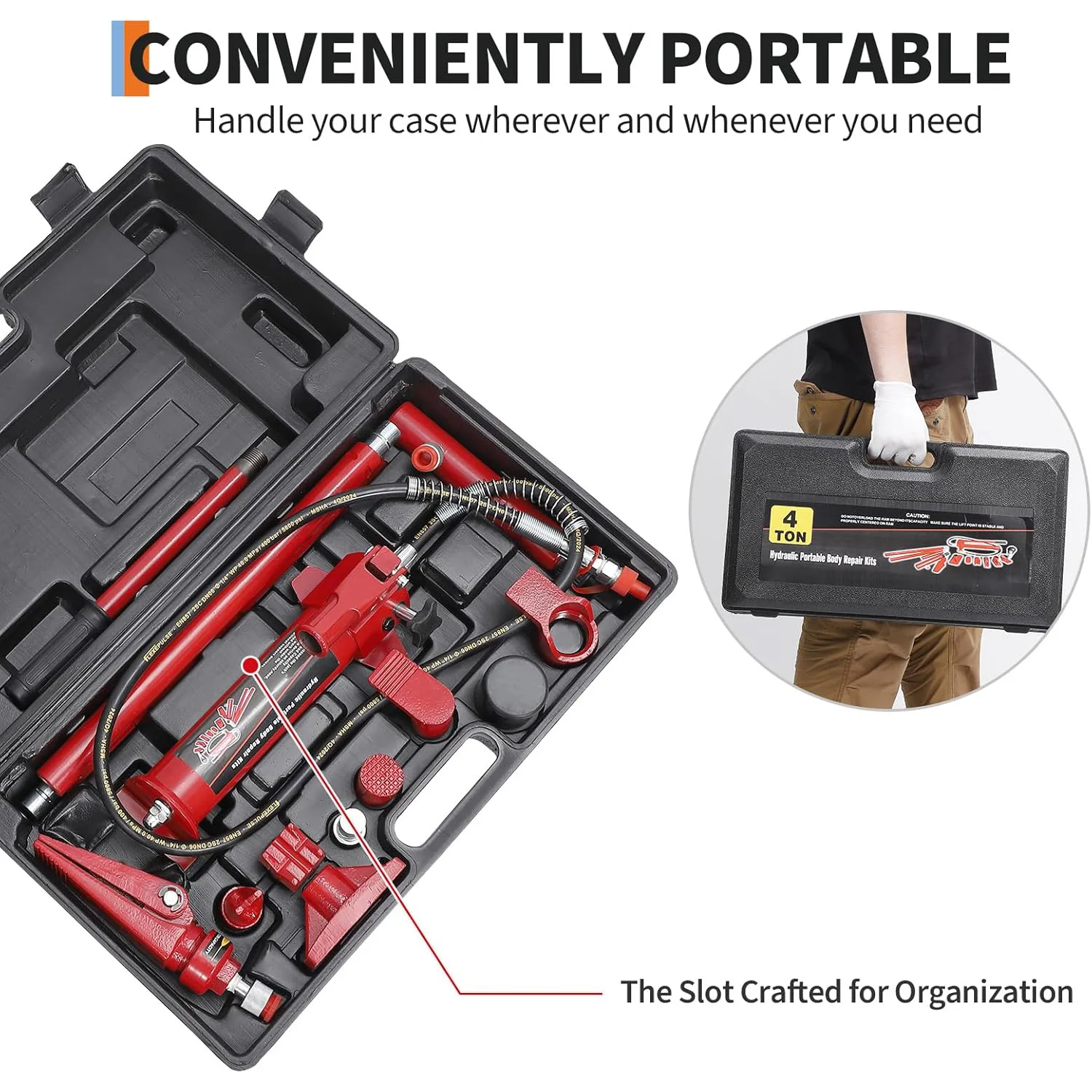 طقم جاك هيدروليكي 4 طن بورتا باور رام هيدروليكي مع مضخة مع خرطوم زيت 4.6 قدم/1.4 متر جاك محمول مع حقيبة تخزين