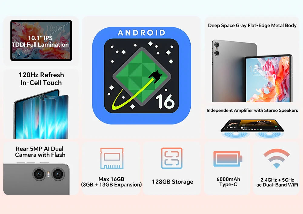 Tablet 10,1 Zoll TECLAST P30T Hülle Android 16 WiFi 3GB+13GB RAM 128GB 120Hz 6000mAh Tastatur-Maus-Hüllen-Set Duale Lautsprecher Gesichtserkennung Widevine L1 Netflix Kindermodus Leichtgewicht GPS – Detail 6