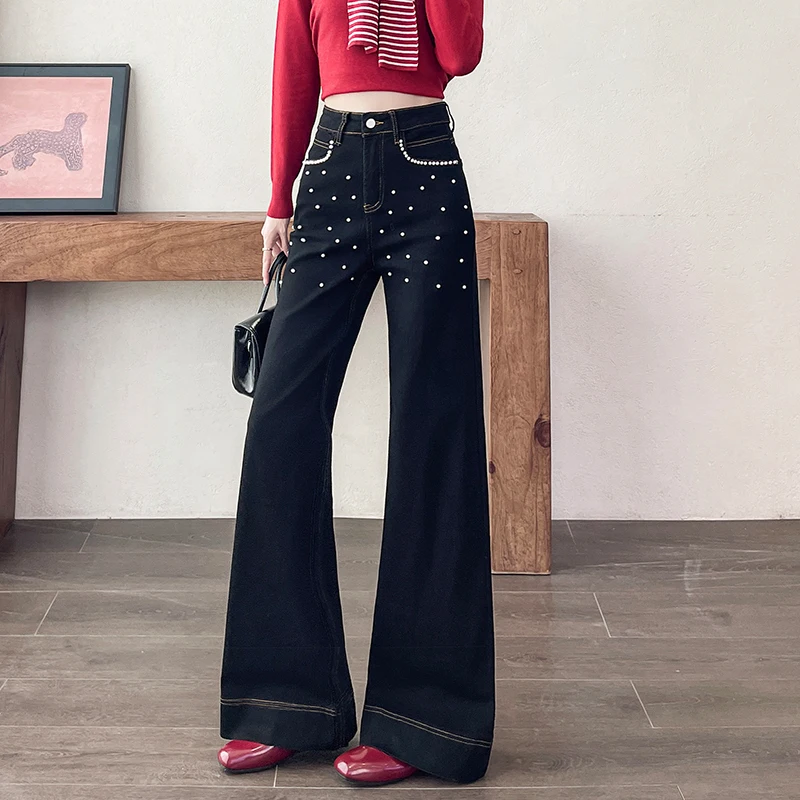 Women High Waist Wide Leg Jeans Black Denim Pants Stretchy Pearl Beaded Decor Contrast Stitching Lady Flared Trousers Streetwear
