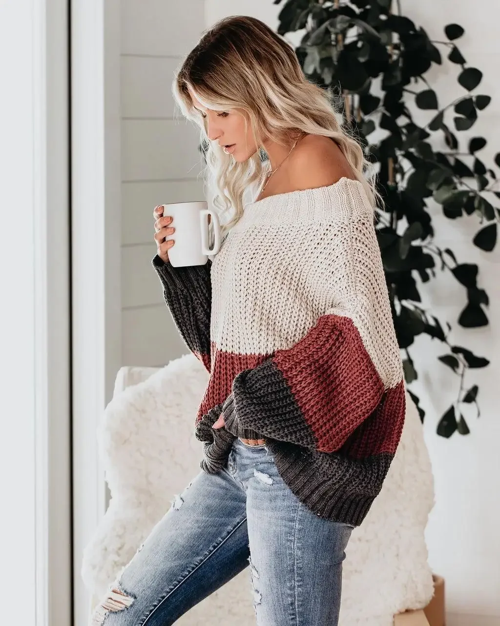 Off Shoulder Knit Sweaters Color Block Women Fashion Casual Pullovers  Female Long Sleeve Tops Ladies Clothes  Autumn Winter