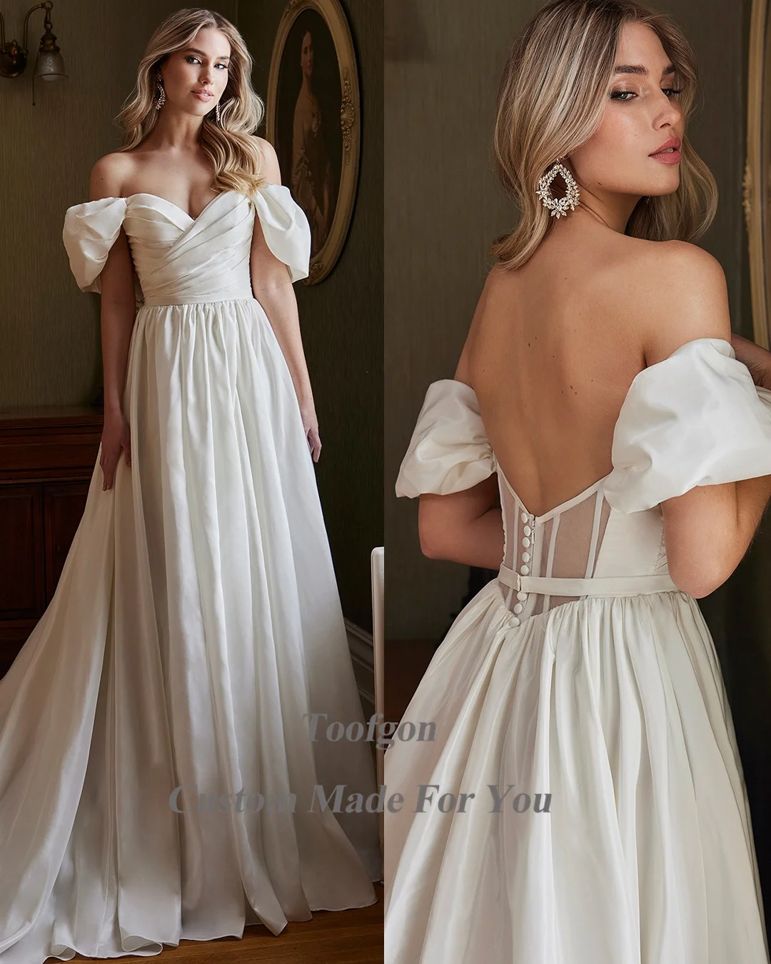 Toofgon Simple Beach Wedding Dresses For Bride Short Sleeves Pleated Bottons Formal Bridal Gowns Princess Long Wedding Gowns