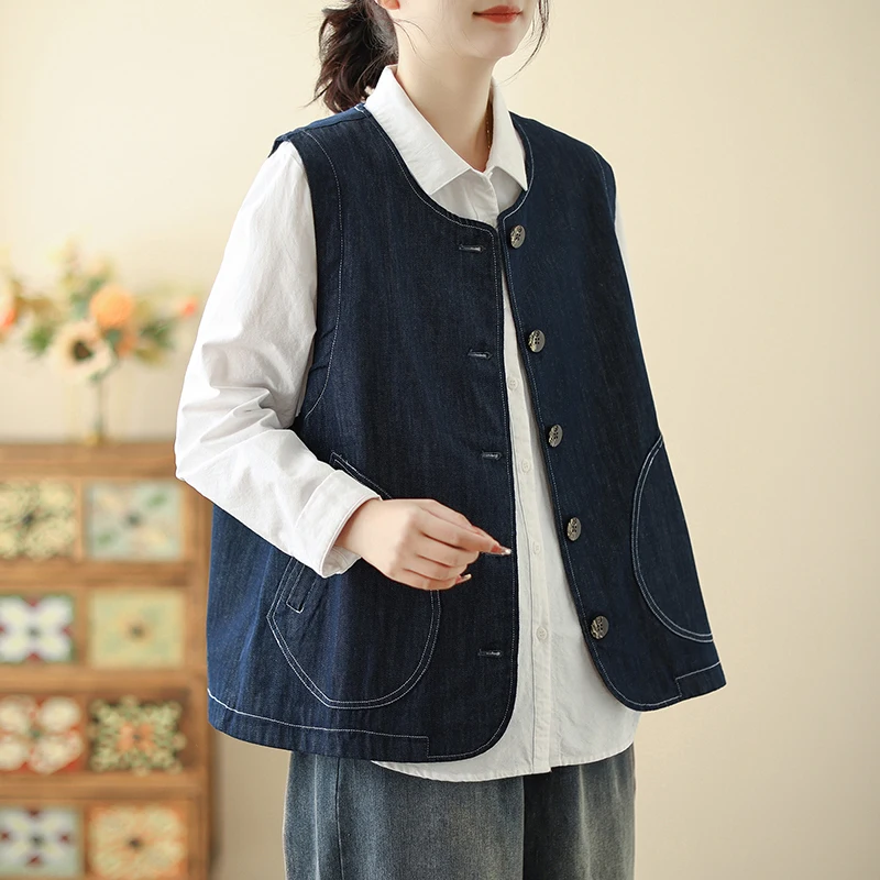 Spring Summer New Sle Women's Casual Svel Vest Jaet Retro Button up Versatile Top Cotton 00% Commute Sle