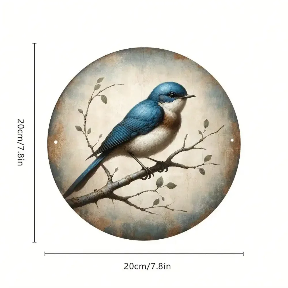 2D Flat High Definition Metal Wall Art Vintage Watercolor Blue Bird Perched on Branch Minimalist Metal Sign Rustic Countryside B