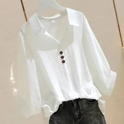 Women Clothing Fashion Loose Thin Long Sleeve Blouse Summer Casual All-match Cotton Linen Button Shirts Office Lady Solid Tops