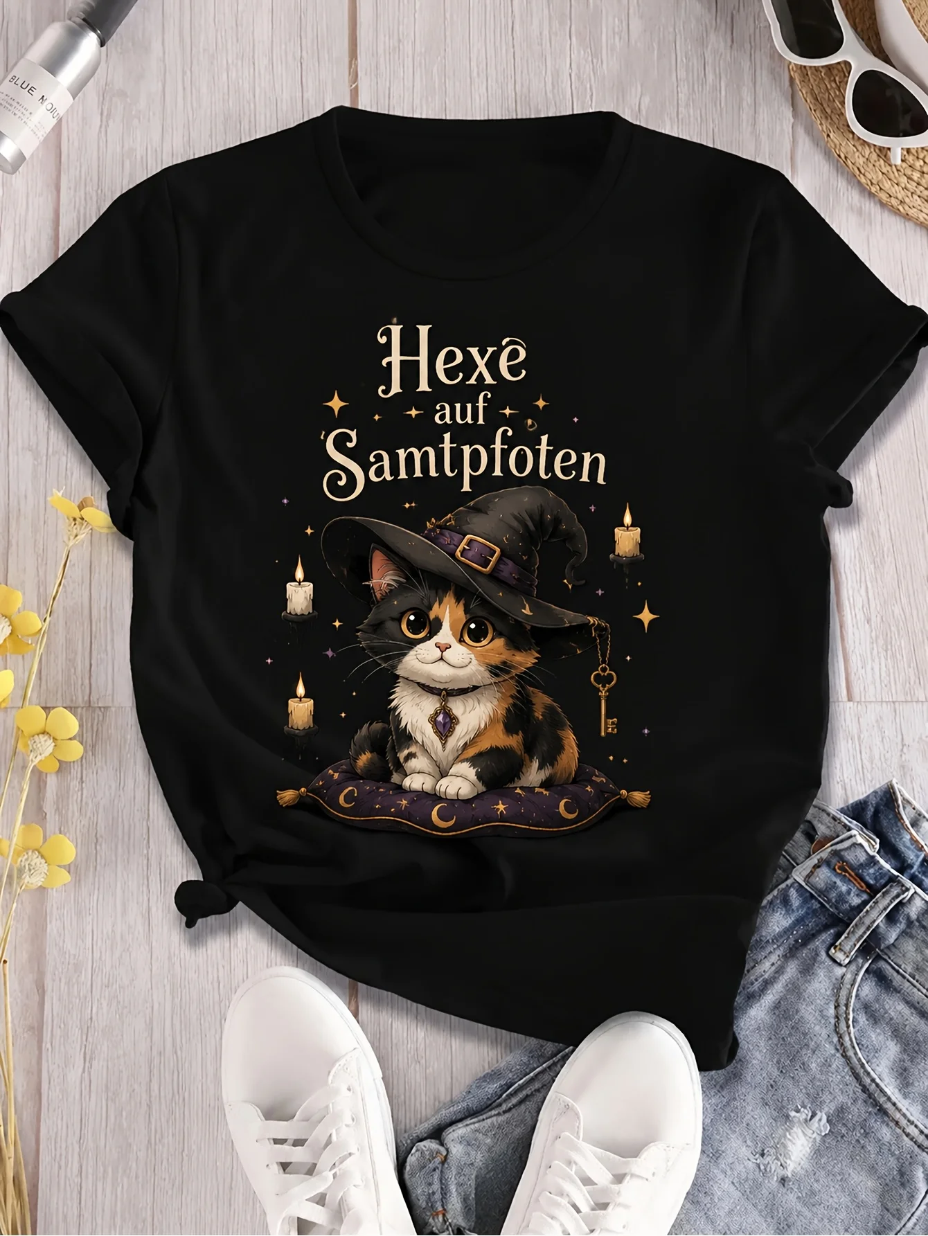 Black Cat Magic Graphic Print Black T-Shirt Casual Short Sleeve Crew Neck Tops for Women Daily Outfit Gift Fashion Clothes Femme