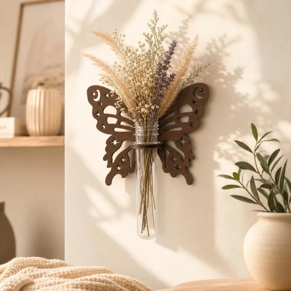 Wooden Hydroponic Planter Shelf Vase Home Ornaments Wall Mounted Planter Butterfly-Shaped Hollow Out Flower Pot Plant Lovers