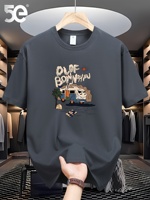 Men's 100% pure cotton summer loose size cartoon pattern printed casual and comfortable round neck short sleeved T-shirt top