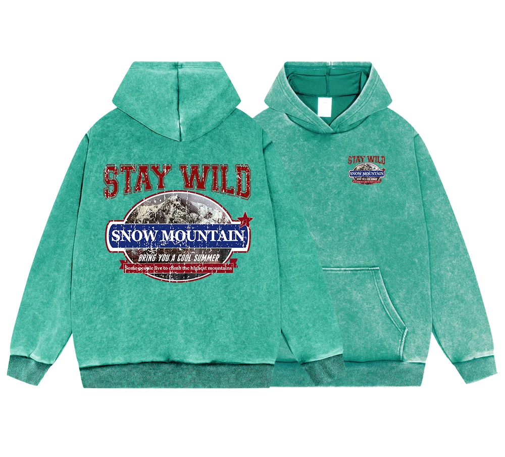 Stay Wild Snow Mountain Bring You A Cool Summer Men'S Vintage Washed Cotton Hoody Casual Loose Pullover Warm Fur-Liner Hoodie