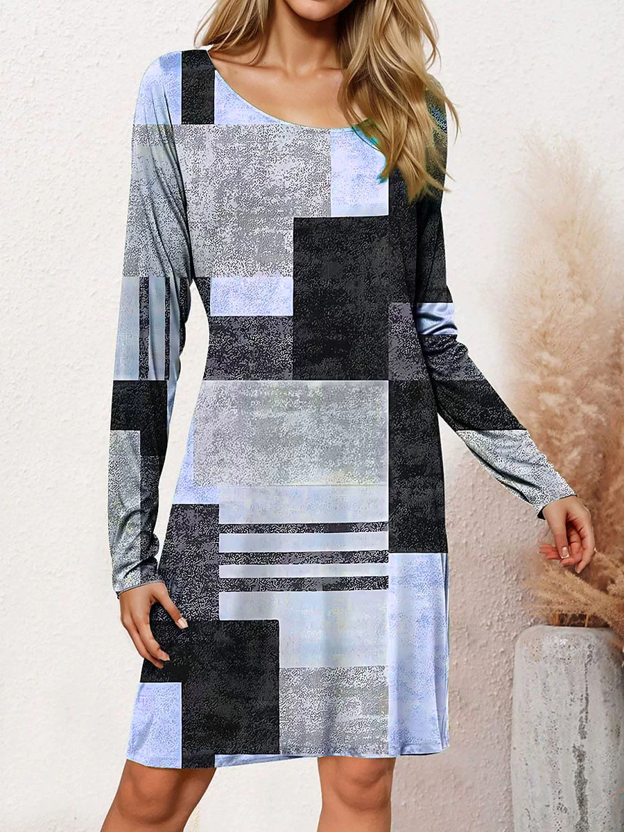 Fashion Plaid Striped Elegant Women Mini Dresses All Season Long Sleeve 3D Printed Street Ladies Dress 3XL Big Size Casual Dress