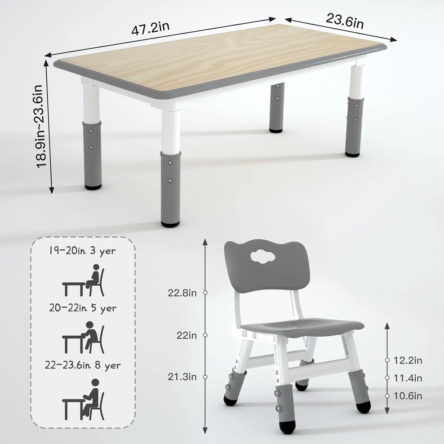 Kids Table and 6 Chairs Set，Height Adjustable Children Table & Chair，Toddlers Study Multi-Activity Table with 47.2