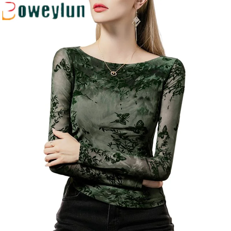 Boweylun New Flocking Printed MeshLong-Sleeve Top Women's Autumn One Neck Pleated Splicing Women's Bottom Shirt