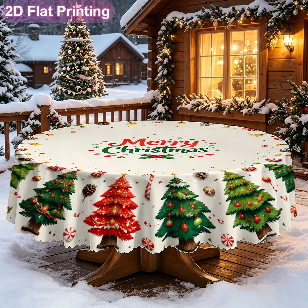 2D flat single-piece round tablecloth, Christmas tree wreath decoration pattern table cover, holiday dinner pie table decoration