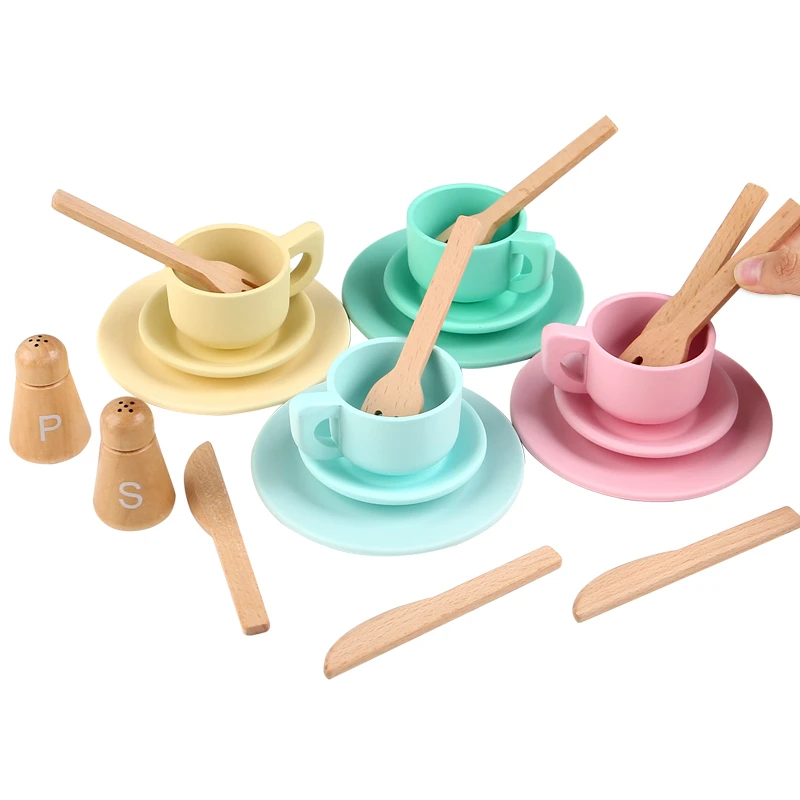 Houten Afternoon Tea Set Kinderen Gesimuleerde Keuken Speelgoed Speelhuis Rollenspel Theeservies Accessoires Voor Kind Vroeg Onderwijs