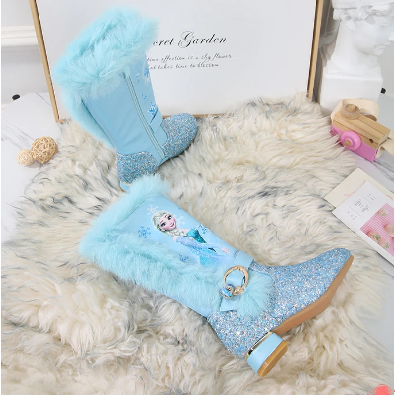 Disney Frozen Girls\' Snow Knee-Length Boots Winter Warm Girl Boots Princess Elsa Pink Blue Shoes Plush Fur Boots Size 26-36