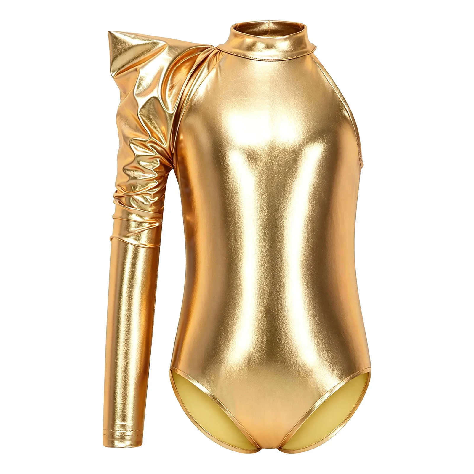 Children Alien Bodysuit Girls Metallic Shiny Gymnastics Jumpsuit Asymmetrical Long Sleeve One Shoulder Leotard Halloween Party