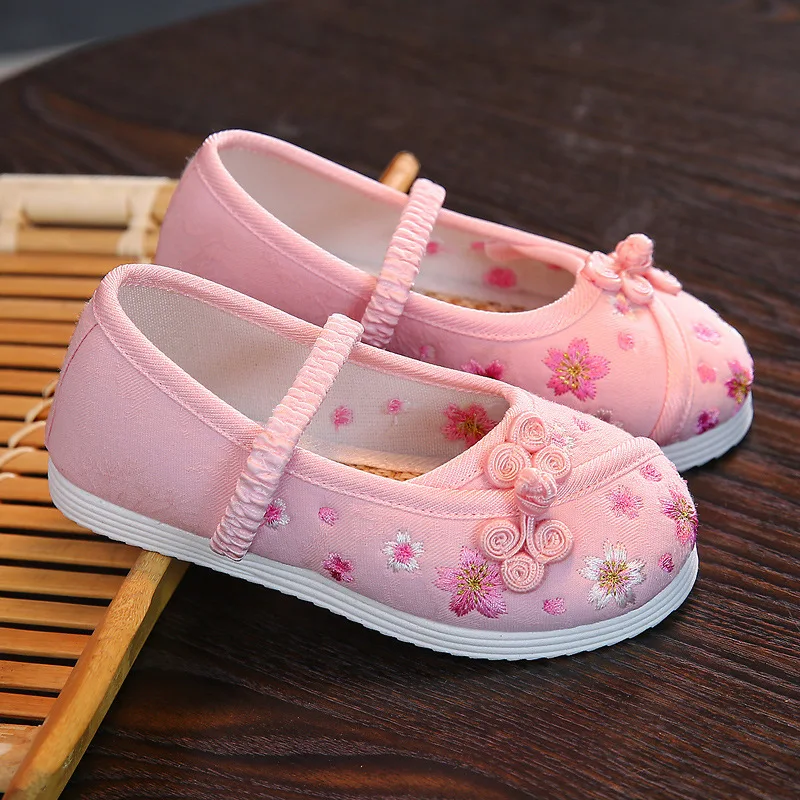 Embroidered Shoes for Girls Chinese Style Cotton Cloth Shoes Red Pink White Children Comfortable Flat Shoes Kids Princess Shoes