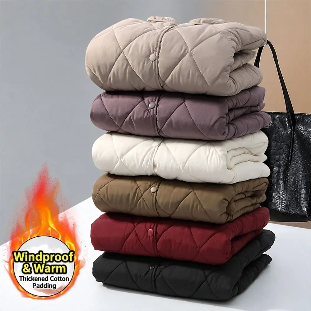 Rhomb Pattern Short Cotton Coat Warm Lining Turn-down Collar Light Jacket Big Pocket Double-sided Wearable Casual Down Jacket