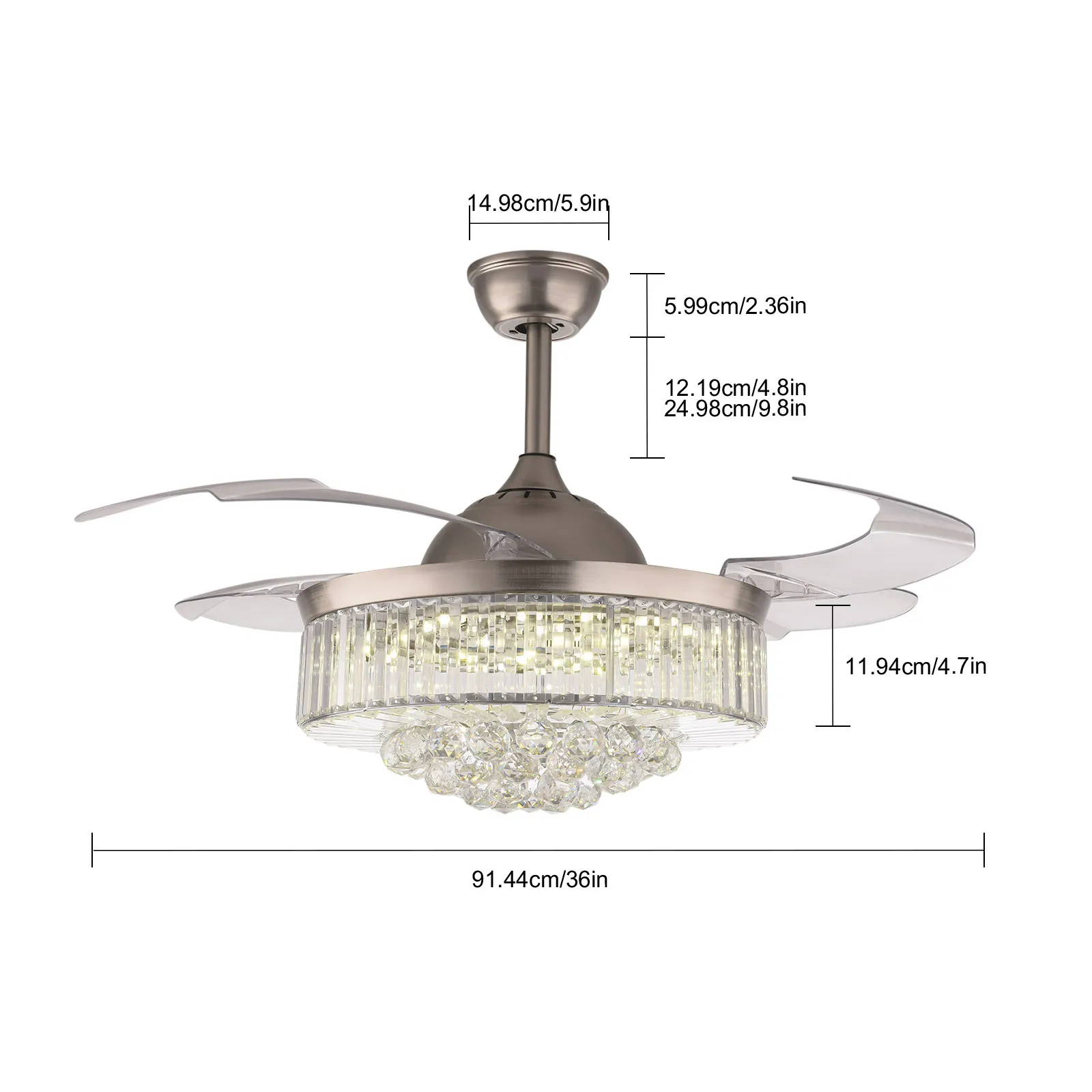 

36 / 42" Gold LED Invisible Ceiling Fan Light Crystal Chandelier Lamp w/ Remote Adjustable Height Mental for Bedroom, Kitchen