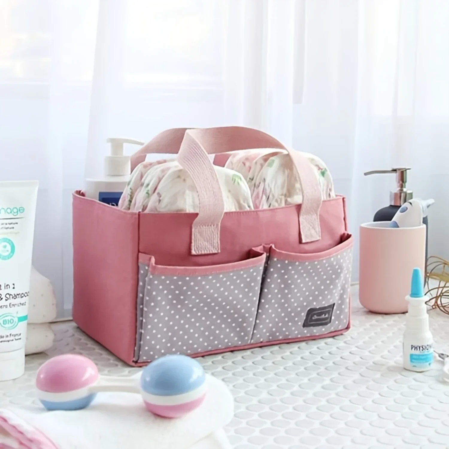 

Diaper Caddy Organizer Basket, Portable Nursery Bin Tote Bag for Wipes, Bottles, Toys - Travel-Friendly Storage Solution!