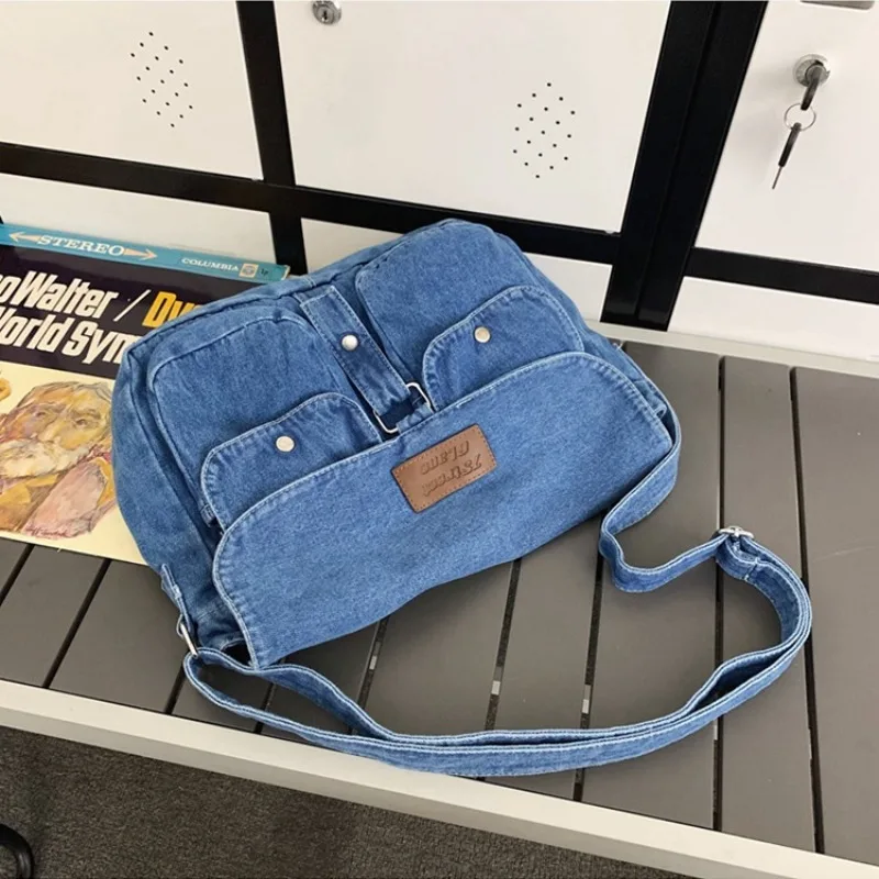 Xiuya Denim Vintage Shoulder Bags for Women Japanese Fashion College Style Mens Messenger Bag Multi-functional Designer Handbag