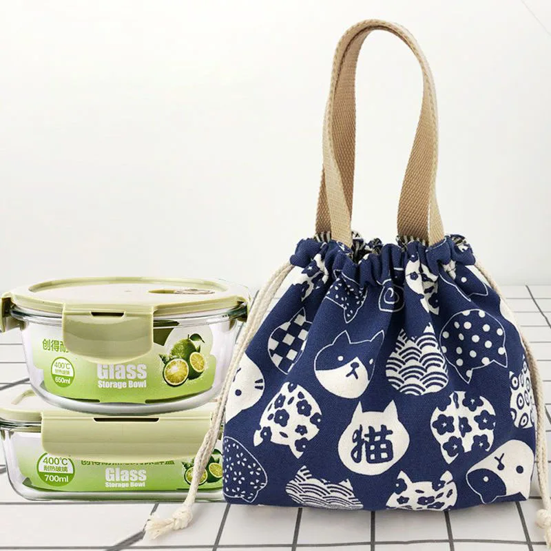 

Japanese Style Drawstring Lunch Bag Portable Thermal Insulated Canvas Lunch Box Tote Pouch Picnic Storage Bento Box Bag ﻿