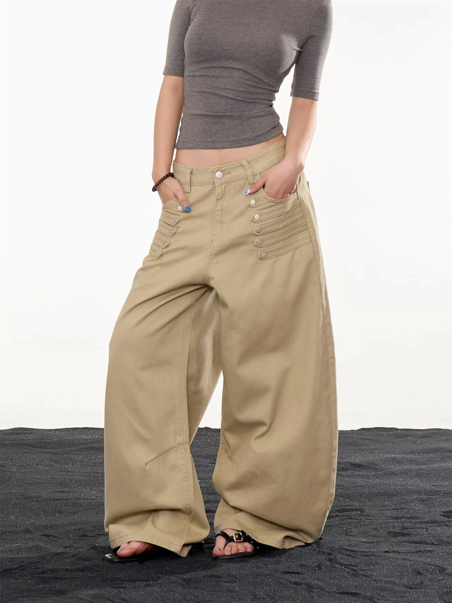 Calças Jeans Americanas Retrô Cáqui de Perna Larga com Botões Duplos, Corte Reto, Soltas, de Alta Qualidade, Casuais, Unissex
