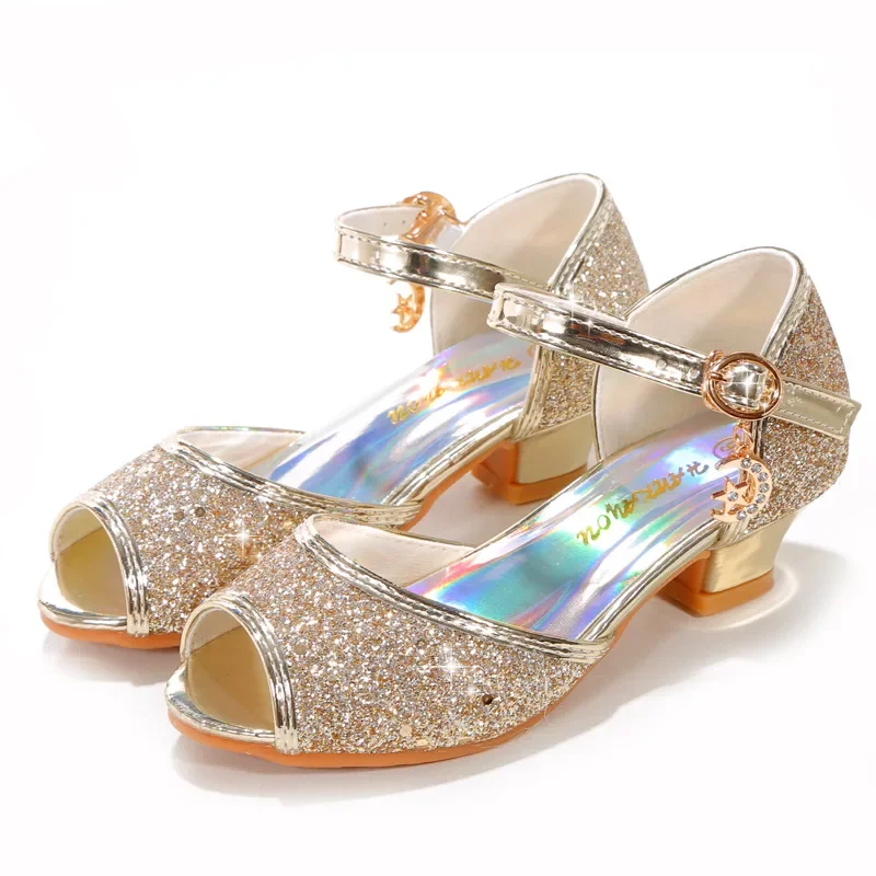 Chaussures à talons hauts en cuir cristal pour enfants, sandales pour filles, mode princesse pour enfants, robe de soirée élégante, marque de créateur