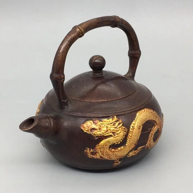

Антикварная разная медная посуда в стиле ретро-патина Qianlong, изготовленная из меди, позолоченная ручка дракона и феникса, чайник из чистой меди, чай Po