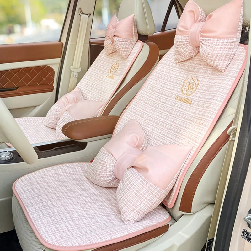 2023  New Arrival Creative Fashion Camellia Cotton Flax Four Seasons Universal Protective  Pink Car Seat Cushion Cover