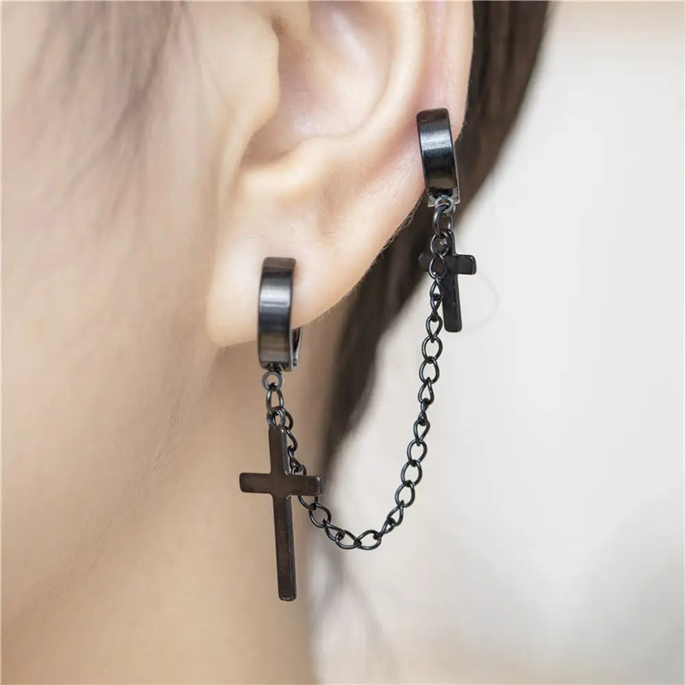 For Girls Cross Punk Tassel Clip On Earrings No Pierced Women Ear Clip Men Ear Cuff Korean Stud Earrings Dangle Earrings