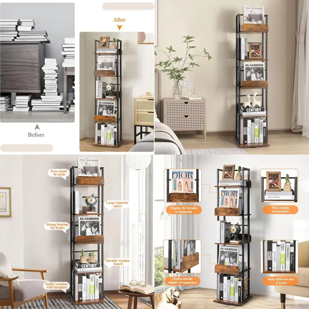 

5-Shelf Rotating Tower Bookcase, Slim Design for Living Room, Black Industrial Style Storage
