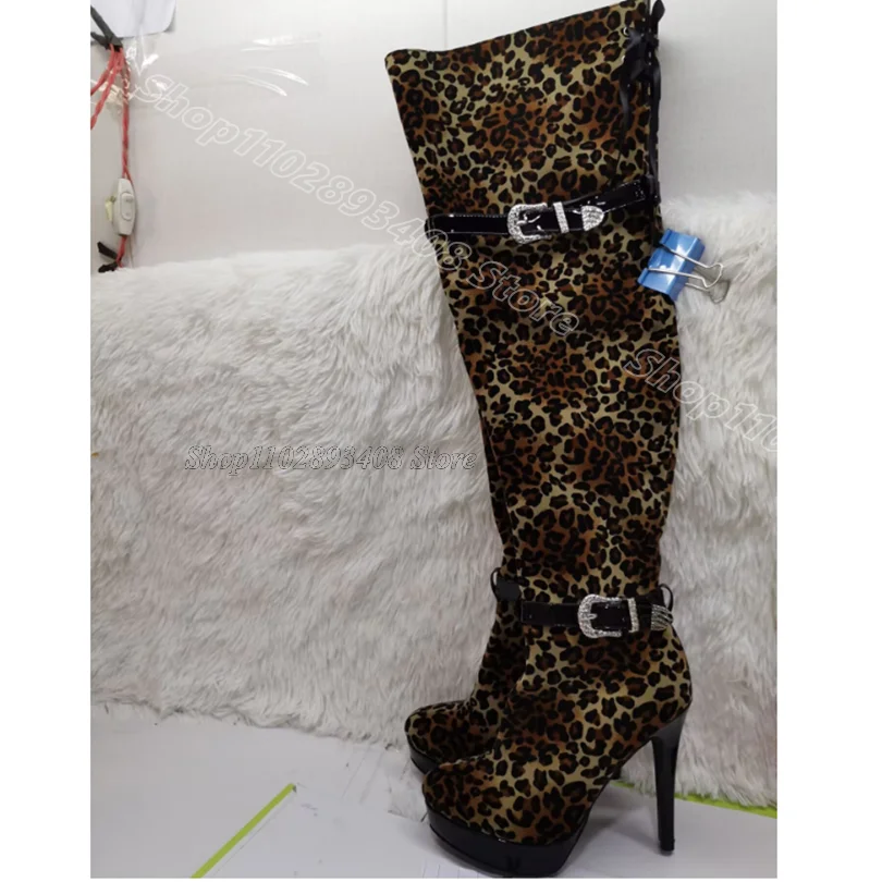 

Leopard Print Concise Boots Round Toe Side Zipper British Style Spring Fashion Women Party Knee Boots 2025 Zapatos Para Mujere