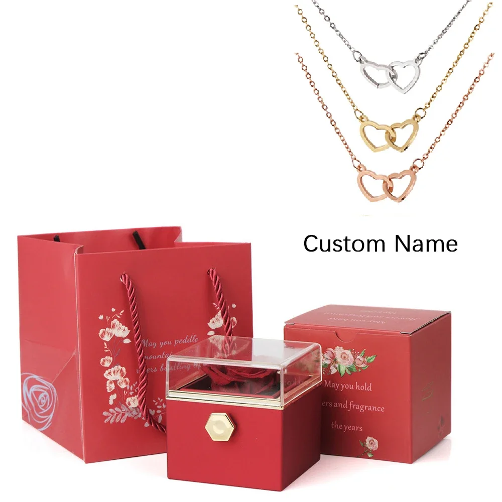 

2024 New Valentine's Day Gift Custom for Women Double Heart Engraved Name Steel Necklace Eternal Rose Box Wedding Ring Box