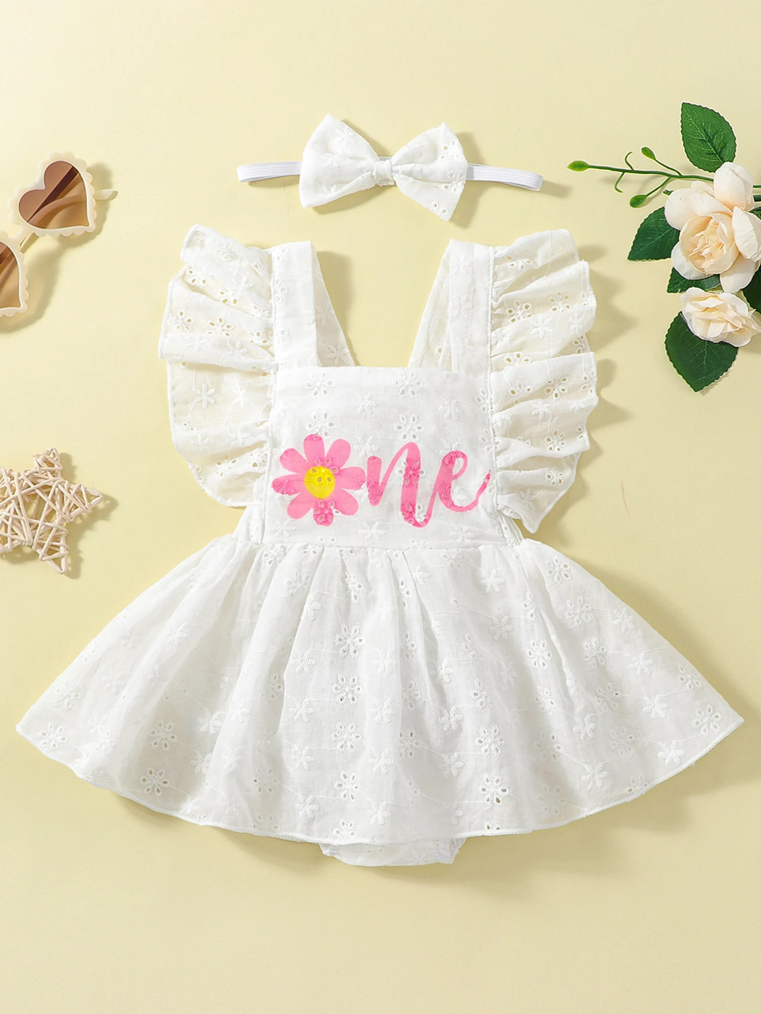 Cute Princess Floral Lace Romper Dress with Ruffle Fly Sleeve and Bow Headband for Baby Girl s Birthday Celebration