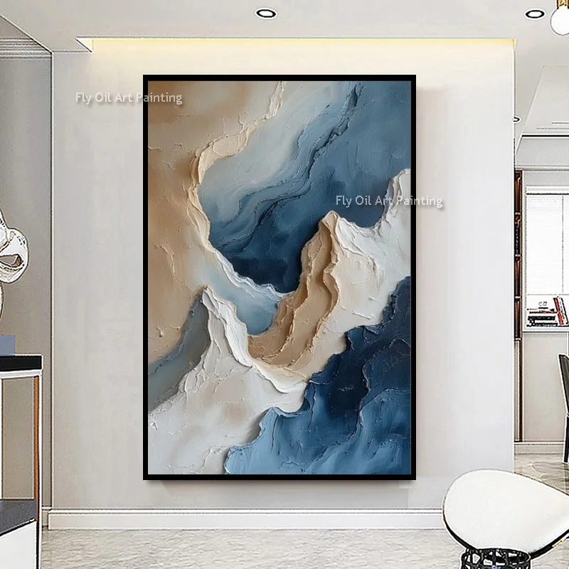 Hand Painted Impasto Blue Beige Wave Oil Painting, Thick Relief Textured Canvas Wall Art, Modern Entryway Wall Decor