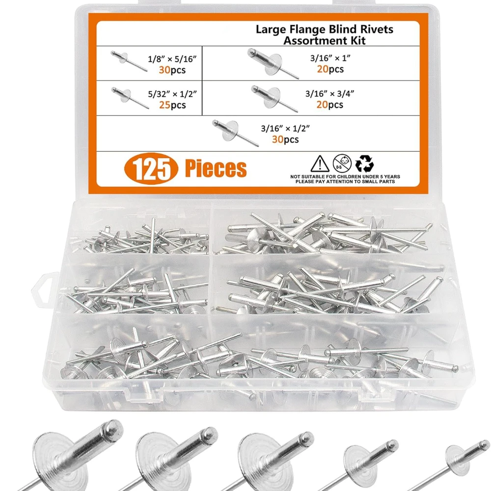 125/220pcs Large Cap Blind Rivets and Pull Rivets Set Black Silver Rivet Open Type Large Cap Pull Rivets Fastener Home Hardware